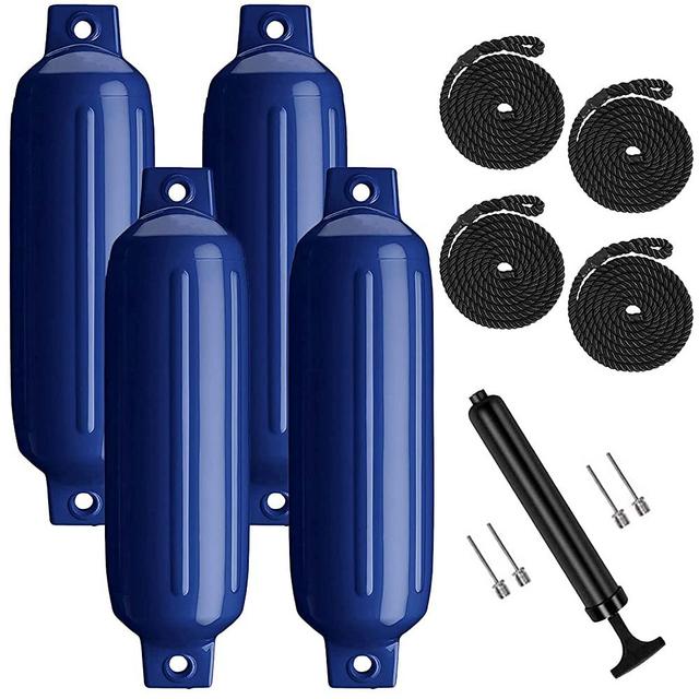 Turmaster Boat Fenders 4 Pack 4.5'' x16'', Ribbed Twin Eyes Boat Fenders Bumpers for Docking, Inflatable Marine Boat Bumper with 4 Ropes, 4 Needles and 1 Pump
