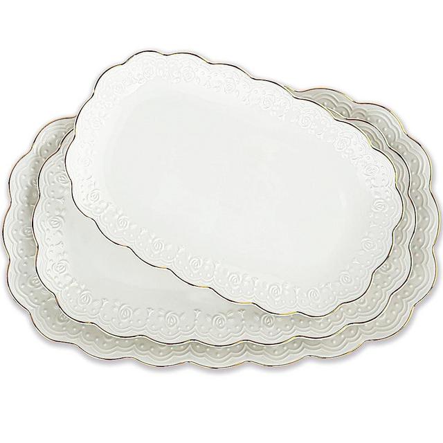 KASSEL Ceramic Serving Platter Set-14/12/10 inches, Oval Serving Trays with Golden Rim for Entertaining, Large Serving Trays for Parties, Food, Cookie, Dessert, Unique Design, Oven-Safe