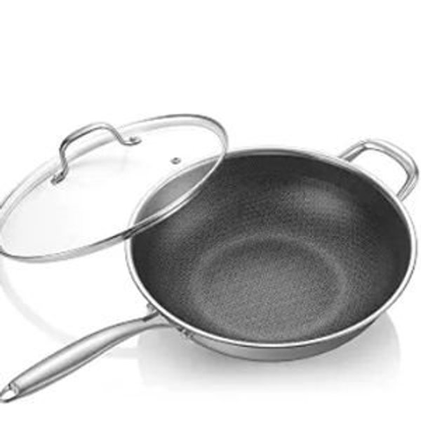 12.5-Inch Hybrid Stainless Steel Wok Pan with Lid, Laser-Textured Nonstick Stir Fry Pan, PFOA-Free, Induction Compatible, Oven & Dishwasher Safe for All Cooktops