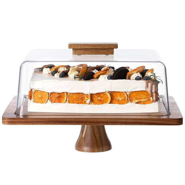 HBlife Cake Stand with Lid Multifunctional Cake Stand with Acrylic Dome Rectangular Acacia Wood 2-in-1 Cake Plate Display Stand with Cover for Baking Gifts, Birthday Kitchen Parties, Weddings