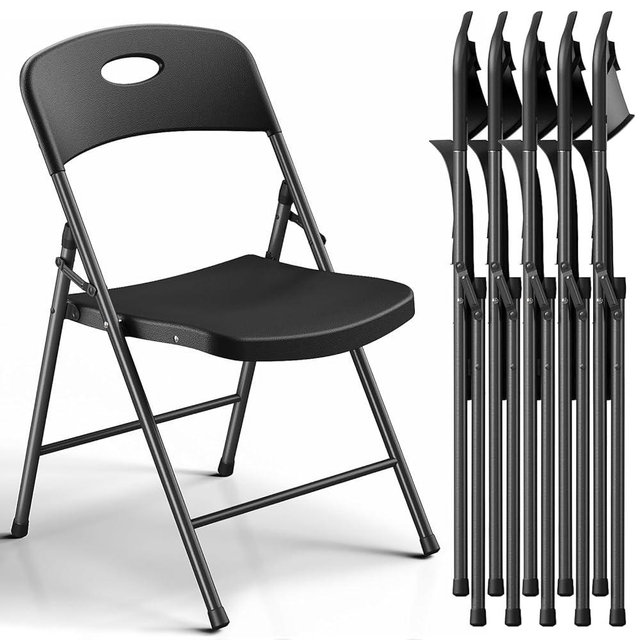 Folding Chairs 6 Pack, Outdoor Plastic Sturdy Metal Folding Chairs for Outside Indoor, Portable 350 lbs Capacity Heavy Duty Foldable Commercial Seating for Picnic, Party, Patio, Office, Black