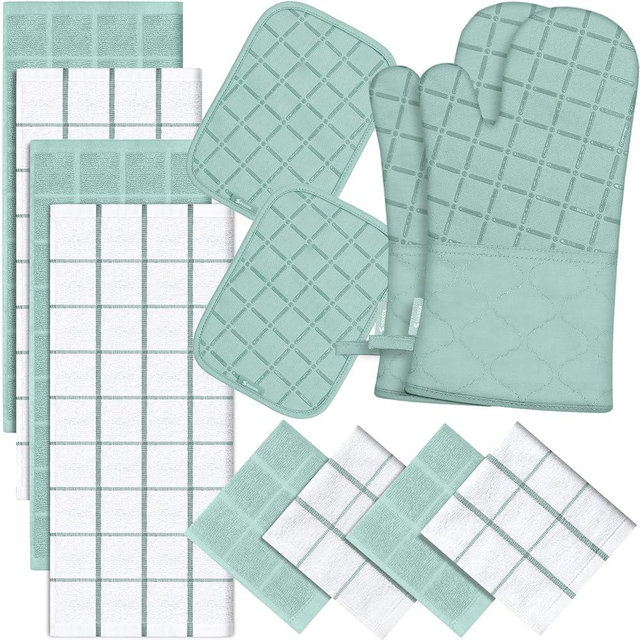 Oven Mitts Pot Holders Sets/Kitchen Towels and Dishcloths, Oven Gloves Kitchen Dish Towels 500 Degree Heat Resistant Potholders with Non-Slip Silicone Surface for Cooking, Grilling, Baking-Mint Green