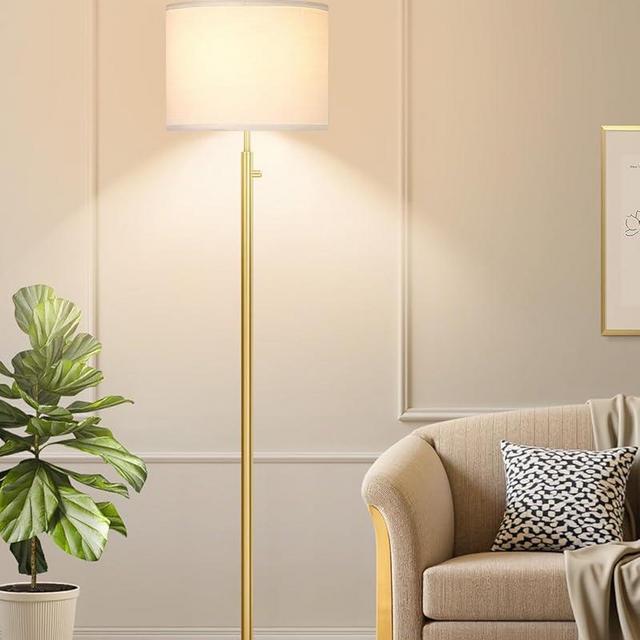 Nintiue Dimmable Gold Floor Lamp for Living Room, 11W LED Bulb Included, Modern Standing Lamp with Marble Base, Tall Pole Light with White Linen Shade for Bedroom Reading Office Corner Nursery