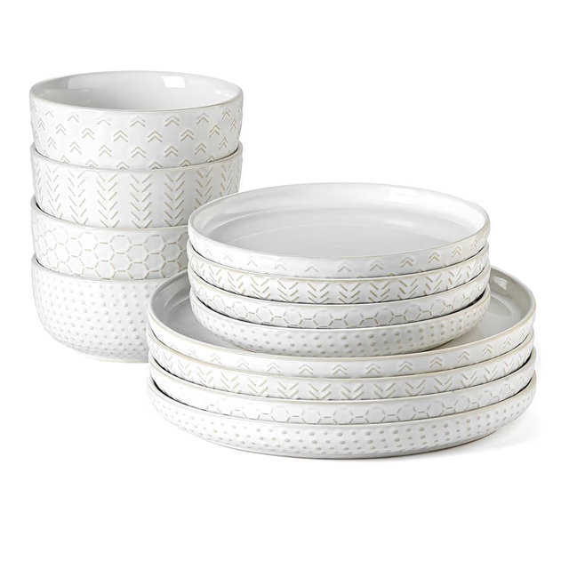 Stoneware Dinnerware Sets Service for 4, 12 pcs Reactive Glaze Plates and Bowls Sets, Embossed Boho Ceramic Dish Set, Highly Chip and Crack Resistant Farmhouse Plate Set, Ivory White