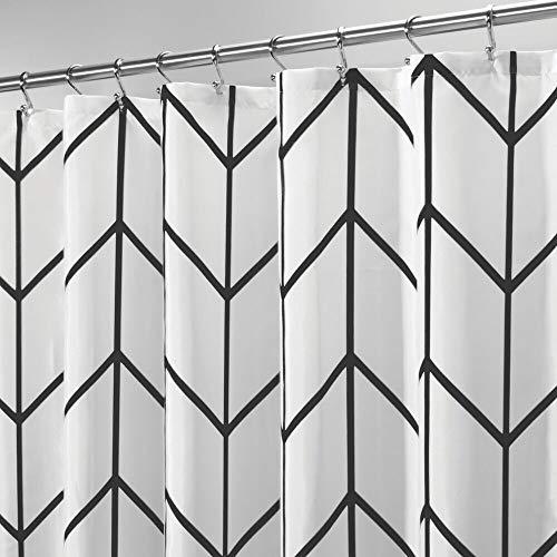 mDesign Decorative Herringbone Print - Easy Care Fabric Shower Curtain with Reinforced Buttonholes, for Bathroom Showers, Stalls and Bathtubs, Machine Washable - Black