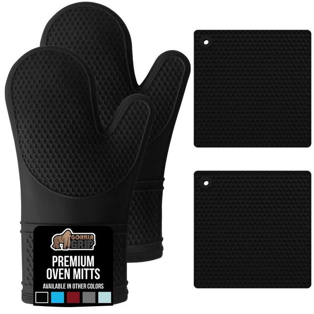 Gorilla Grip Premium Silicone Oven Mitt and Pot Holder 4 Piece Set, Includes 2 Soft Slip Resistant Flexible Kitchen Cooking Mitts and Trivet Mats, Gloves and Potholders for Use on Hot Surfaces, Black