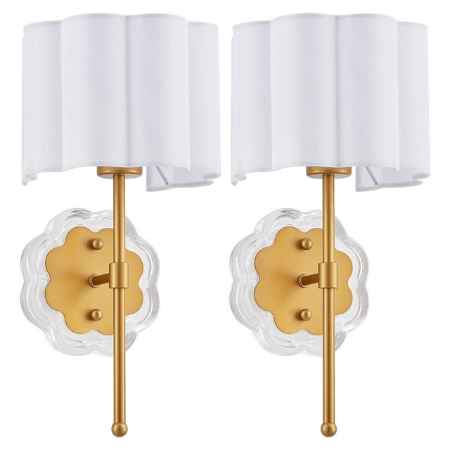 MhyTogn Modern Wall Sconce Set of 2, with creamy-white Fabric flower and Antique Brass Brush Paint Finish Shade for Vanity Stairway Fireplace Kitchen Living Room Bedside