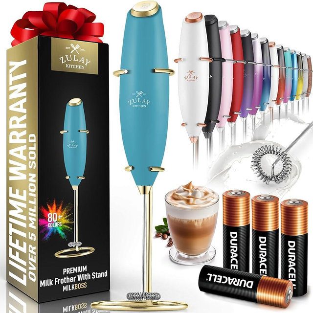 Zulay Kitchen Powerful Milk Frother Wand With 4 AA Duracell Batteries - Ultra Fast Handheld Drink Mixer - Electric Whisk Foam Maker for Coffee, Lattes, Cappuccino, Matcha & Creamer