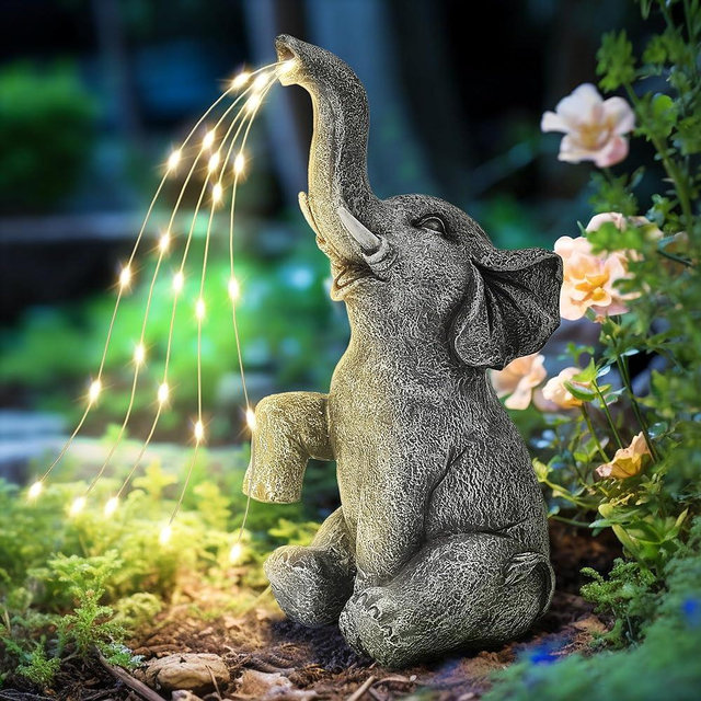 GIGALUMI Elephant Statue Garden Decor Elephant Figurine Solar Powered LED Lights, Gifts for Mom, Birthday Gifts for Women, Elephant Decor for Garden, Patio, Yard(Stay On Only Strings)
