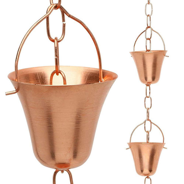 Marrgon Copper Rain Chain – Decorative Chimes & Cups Replace Gutter Downspout & Divert Water Away from Home for Stunning Fountain Display – 6.5’ Long for Universal Fit – Bell Style