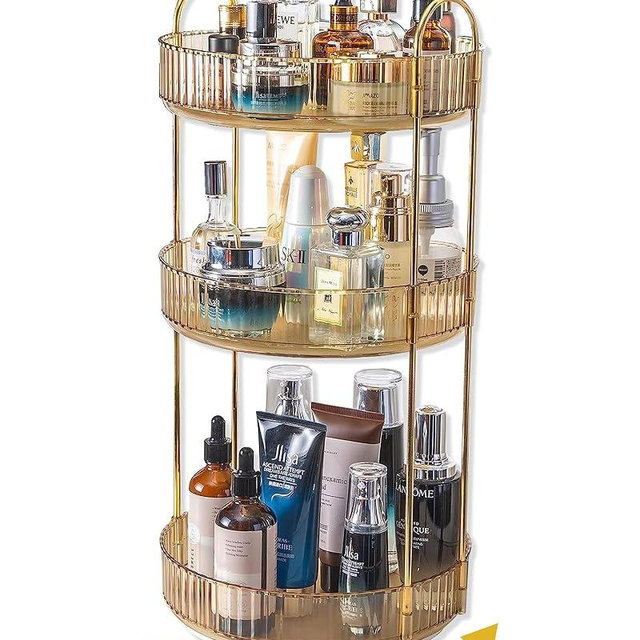 Asayuee 360 Rotating Makeup Organizer for Vanity,3 Tier Large Capacity Vanity Storage,Skincare Perfume Spinning Organizer,Bathroom Cosmetics Storage Makeup Stand Organizer (Gold-3 Tier)