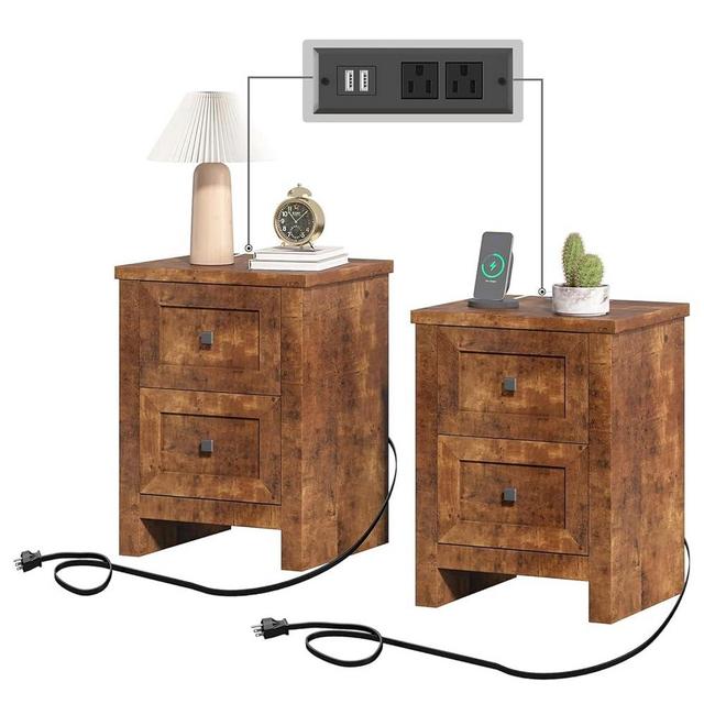 LUXOAK Nightstand Set of 2 with Charging Station, Farmhouse End Table with 2 Drawers Storage Cabinet, Rustic Wood Sofa Side Table for Bedroom, Living Room, Office, Rustic Brown