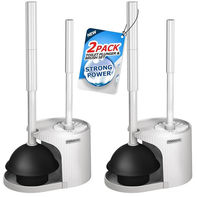 FORASTO 2Pack 2 in 1 Toilet Brush and Plunger Set, Extended Handle Plunger，Toilet Bowl Brush Plunger Set,Bathroom Cleaning Tools ，Toilet Brush Plunger Combo，Cleaning Supplies（Cream Grey）
