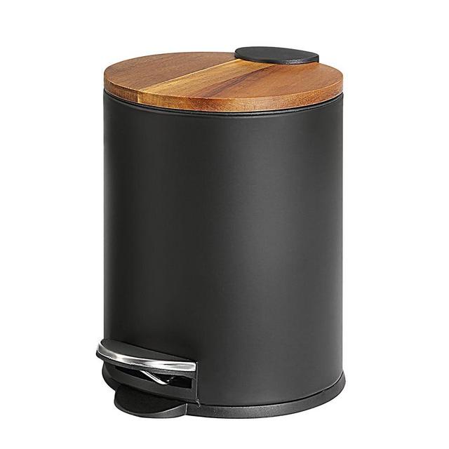 SunnyPoint Acacia Cover 3 Liter / 0.8 Gallon Round Trash Can with Plastic Inner Bucket; Bathroom, Office, Kitchen and Bedroom Step On and Slow Close (BLK)