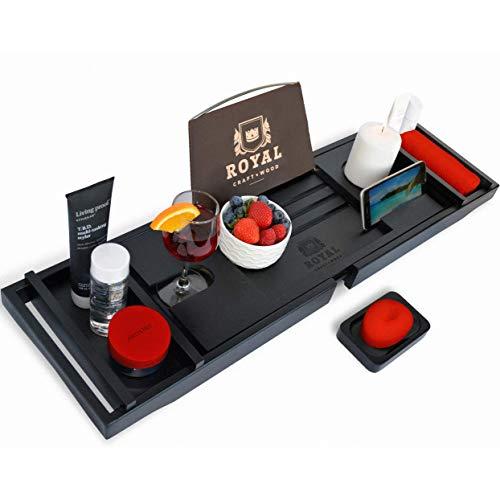 ROYAL CRAFT WOOD Luxury Bathtub Caddy Tray, One or Two Person Bath and Bed Tray, Bonus Free Soap Holder (Black Bamboo Color)