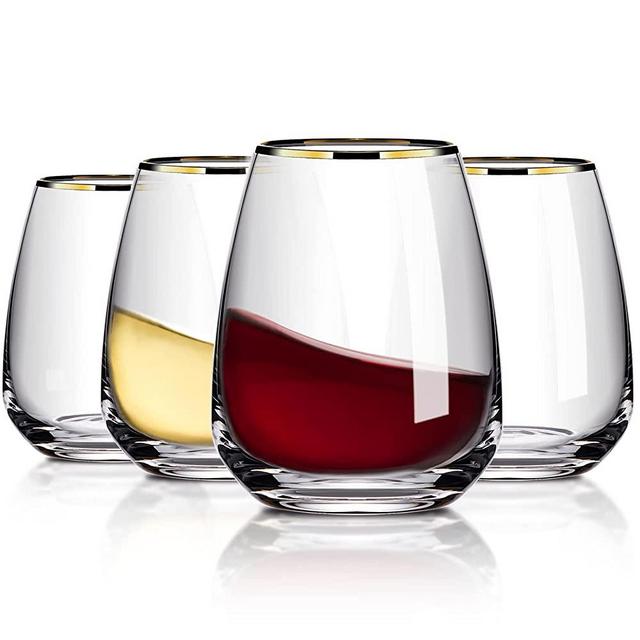 CREATIVELAND Stemless Wine Glasses for Red or White Wine Set of 4, 13.5 oz Gold Rim Drinking Glasses Heavy Base Cocktail Glasses Clear Glass Cups Whiskey Glasses Valentine's Day and Any Occasion Gift