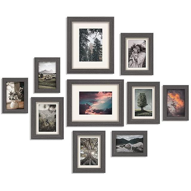 Gallery Wall Picture Frame Set - 10 pcs Family Picture Frames with Glass and Mat Including Two 8×10 Four 5×7 Four 4×6 for Hanging Wall or Tabletop Decor - Gray