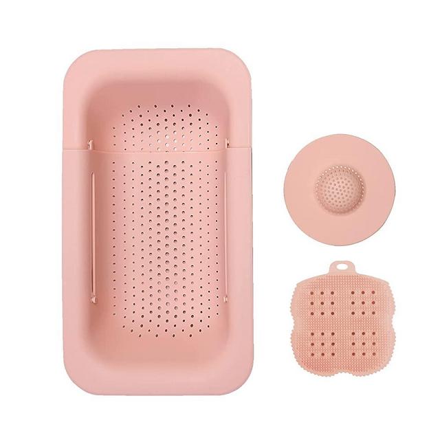 Domonic Home Sink Colander, Over the Sink Strainer Pasta Veggies and Fruits, Extendable 14.5"-19.5", Drain Water, Dry,Stable (Pink)