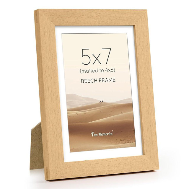 Fun Memories 5x7 Picture Frame, USA-Sourced Beech Wood Photo Frames with HD Tempered Glass, 5 x 7 Wood Frame Matted to 4 x 6, 5 by 7 Frames for Wall & Tabletop Display