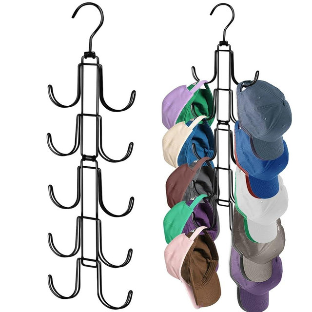 NAKBINX Hat Organizer for Closet, Collapsible Caps Rack with 10 Rotatable Large Hooks, Holds Up to 40 Baseball Caps, Metal Space Saving Hat Hanger for Display, Storage and Closet Organizers, Black