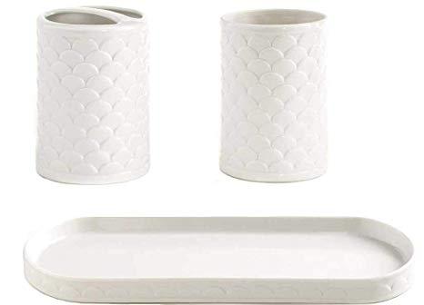 Kassatex 3-Piece Bath Accessory Set, Scala Bath Accessories | Toothbrush Holder, Tray, Tumbler - Embossed Porcelain