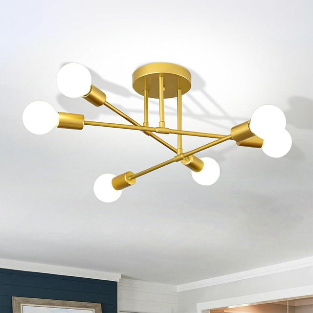 SPOLI Modern Sputnik Chandelier, 6-Light Ceiling Light Fixture, Gold Industrial Pendant Light Semi Flush Mount for Living Room Dining Room Bedroom Kitchen, E26 Base, Bulbs Not Included