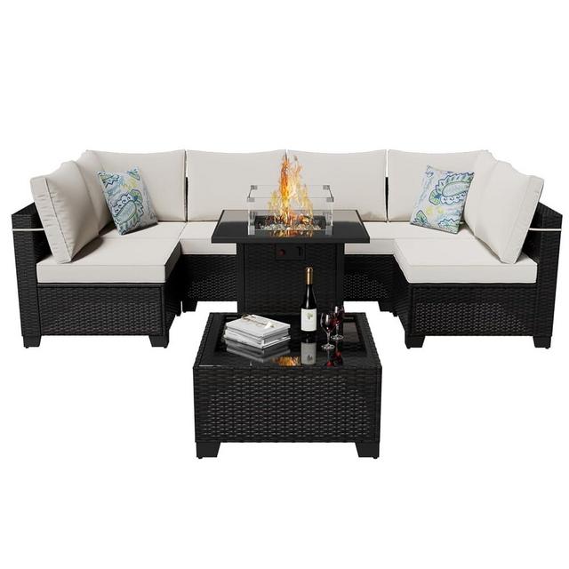 Peacabo 8 Pieces Rattan Wicker Outdoor Patio Furniture Set with 28" Gas Fire Pit Table, Outdoor Sectional Furniture with Cushions, Patio Conversation Sofa Set for Porch Garden Backyard, Brown/Beige