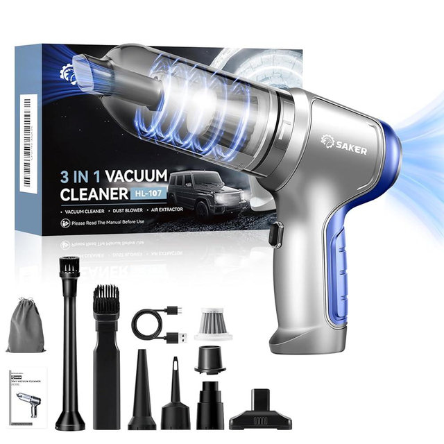 Saker Car Vacuum Portable Cordless 15000PA,3 in 1 Handheld Vacuum with Brushless Motor for Car, Office and Home Cleaning Blue HL107B