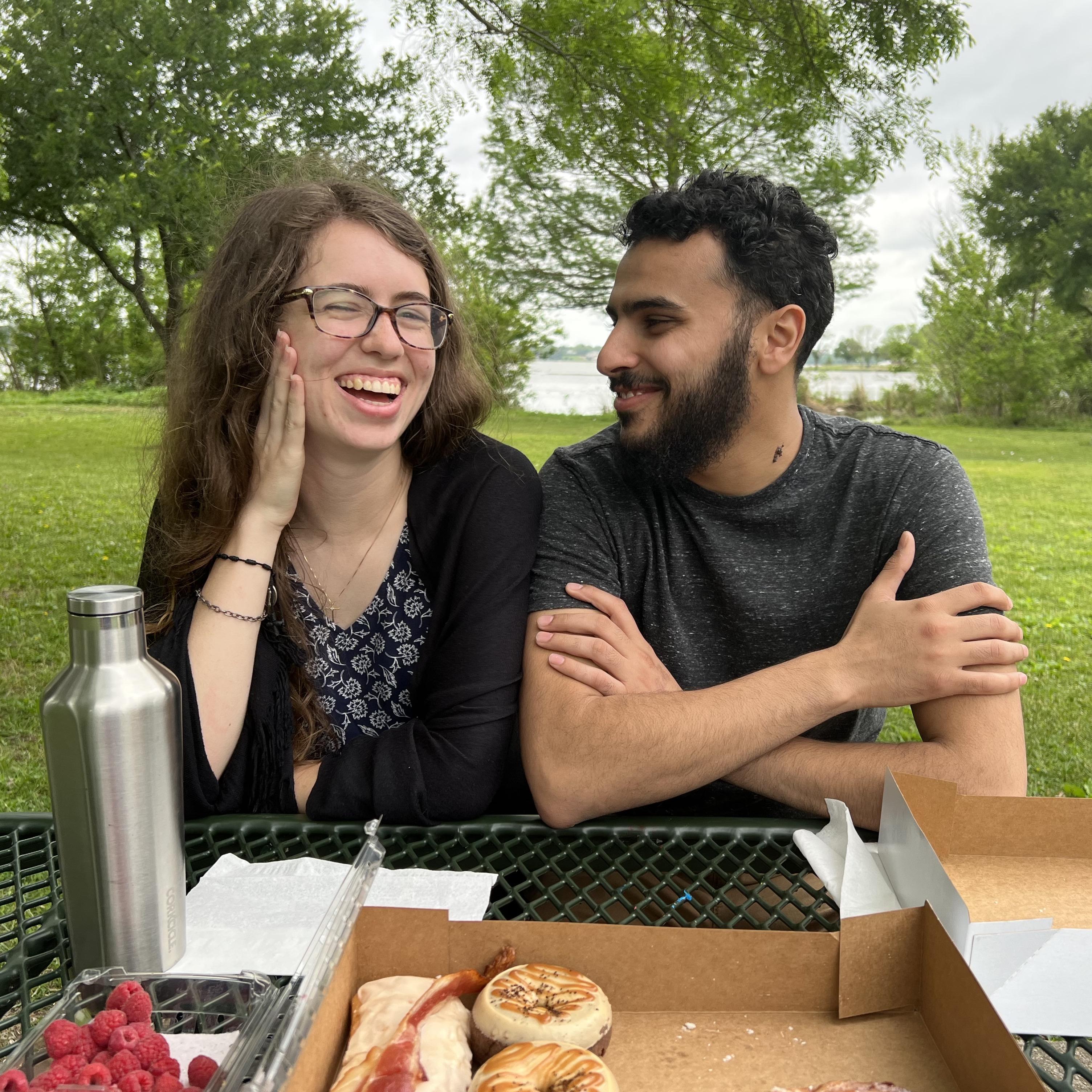 We actually visited each other a few times even while we still weren't dating! Katie loves this memory of eating donuts in the park with Shu's mom.