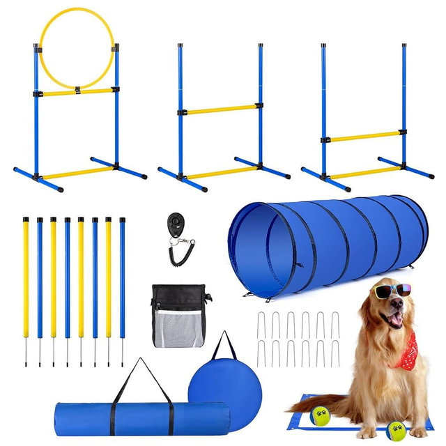Dog Agility Course Backyard Set，Dog Agility Equipment, Dog Obstacle Course Backyard With 2-Set Agility Hurdle ，Jump Ring, 8 Weave Poles, Tunnel, Pause Box, Toy Balls And 2 Portable Carrying Bags