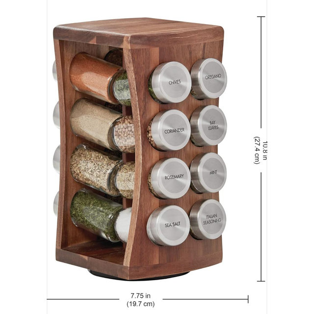 Kamenstein 16 Jar Hourglass Revolving Countertop Spice Rack with Spices Included, FREE Spice Refills for 5 years, Acacia with Stainless Steel Caps,Brown