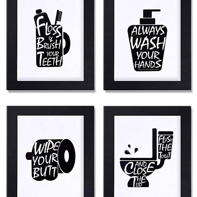 Bathroom Decor Wall Art Prints with Frames;Funny Bathroom Sign 8×10 inch set of 4 (Black and White) (B)