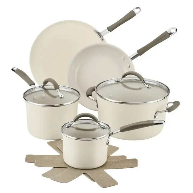 Rachael Ray 10pc Cucina Ceramic Nonstick Cookware Pot and Pan Set Almond