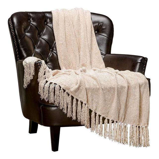 Chanasya Chenille Velvety Texture Decorative Throw Blanket with Tassels Super Soft Cozy Elegant with Subtle Shimmer for Sofa Chair Couch Bed Living Bed Room Ivory Throw Blanket (50x65 Inches) Cream