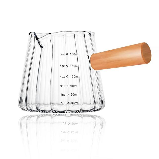 Espresso Measuring Cup 6 Oz, Espresso Glass Cups with Wood Handle, Milk Frothing Cup, Espresso Cup for Coffee, Milk, Tea or Maple Syrup Serving