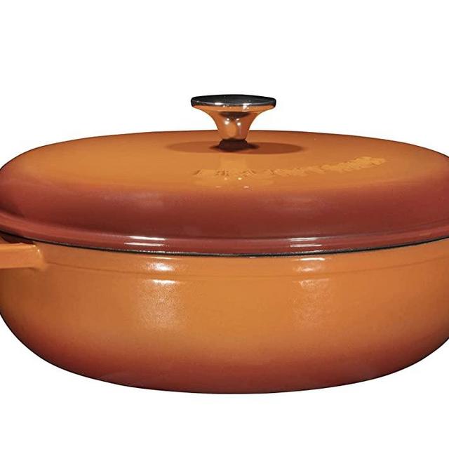 Bruntmor Enameled Cast Iron Dutch Oven with Lid and Stainless Steel Knob - 4.5-Quart Kitchen Round Casserole Dish Pan with Wide Cool Handles - Non-stick Hotpot Cookware (Pumpkin 144 Oz.)