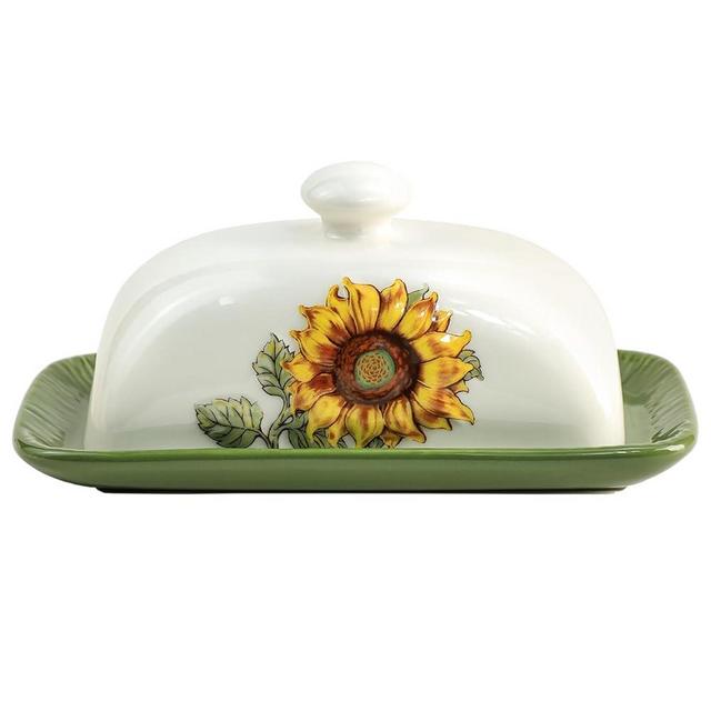 Bicuzat Ceramic Butter Dish with Lid Butter Keeper Butter Plate Tray for Kitchen Countertop Embossed Sunflower Pattern Butter Crock Keeper Saver