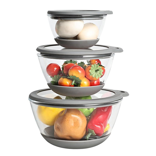 Glass Mixing Bowls HEAVY DUTY Top Choice for High-end Kitchens Extra-thick Glass Mixing Bowl Set of 3 with BPA-Free Airtight Lids Large Nesting Bowls with Non-Slip Silicone Base Well-made High Quality