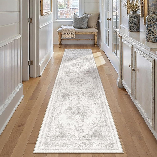 PureCozy Runner Rug 2x10 Washable Light Gray Hallway Runner Vintage Boho Medallion Non Slip Grey Distressed Retro Carpet Indoor Low Pile Long Soft Rug for Kitchen Entryway Bedroom Bathroom Laundry