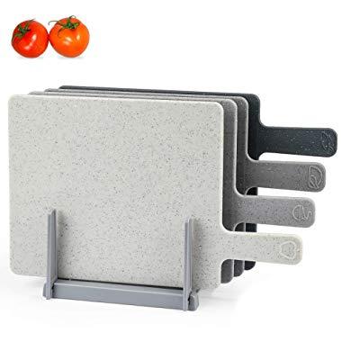 Chopping Board Set for Kitchen with Holder, Index Cutting Board Easy-Grip Handle, BPA Free FDA Approved, Dishwasher Safe, Thick Cutting Boards with Draining Rack & Food Icons for Kitchen (4-Piece)