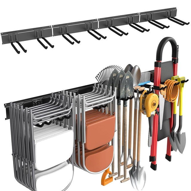 WALMANN Wall Mounted Garden Tool Organizer for Garage, Heavy Duty Folding Chair Storage Rack, 11-Inch Tools Storage Hooks for Shovels, Rakes, Ladders, Hold Up to 400 lbs