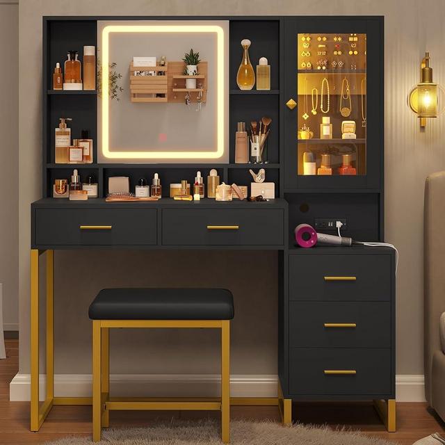 BTHFST Makeup Vanity with Upholstered Stool & Charging Station, Vanity Desk with Mirror and Lights & Jewelry Storage, Vanity Table Set with RGB Lights & 5 Drawers & Shelves, Black & Gold