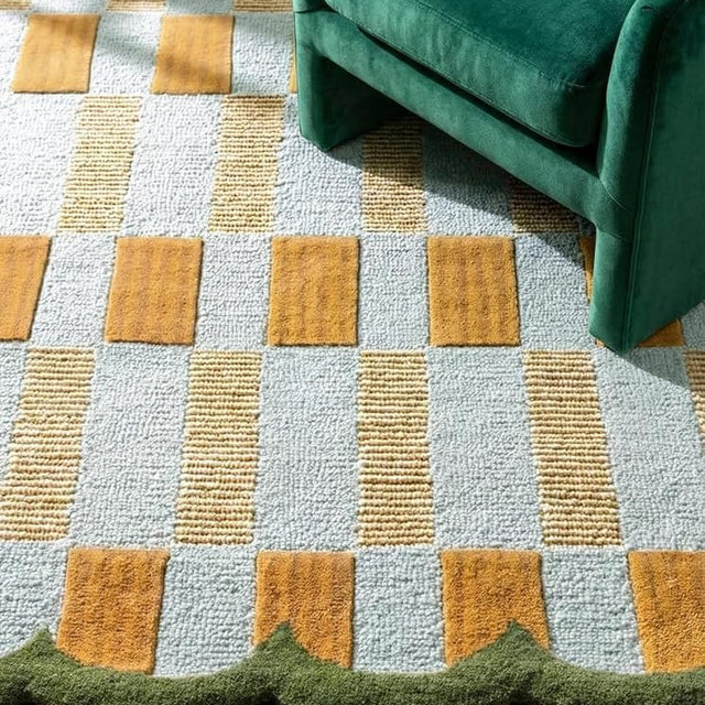 RUGWYN Hand-Tufted Scalloped Wool Area Rug, Modern Plaid Checkered Pattern, Soft & Durable Cozy Accent Rug for Living Room, Bedroom & Nursery, Handmade Decorative Carpet (Light Blue, 4' x 6')