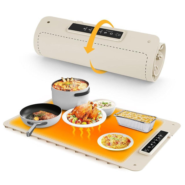 Food Warming Mat for Party, Rollable Electric Warming Tray, Silicone Heating Mat for Food, Food Fast Heating or Thawing Mat for Family Gatherings, Restaurants, Chafing Dish, Everyday Use(Beige)