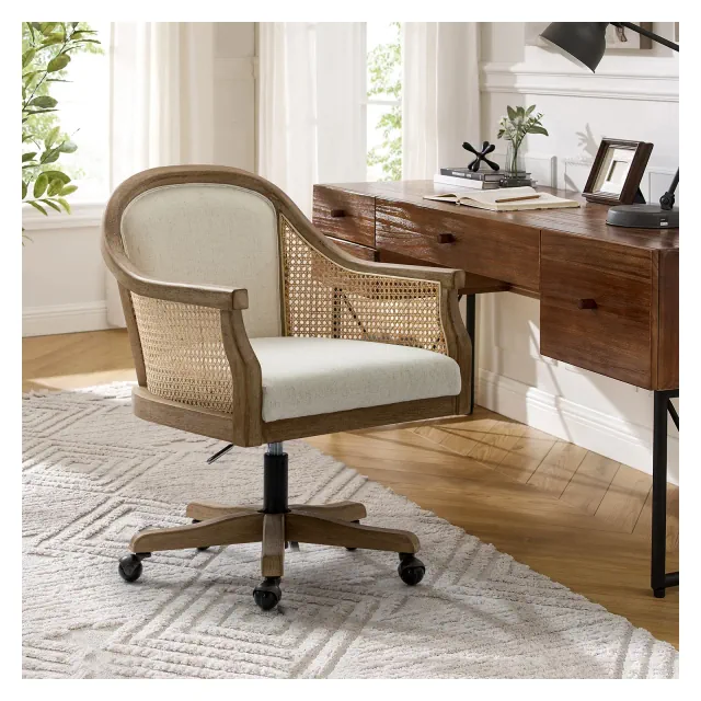 Danilo Swivel Barrel Task Chair with Rattan Arms and natural linen blend & foam cushion| ARTFUL LIVING DESIGN-IVORY