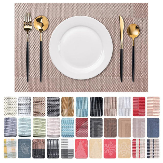 CADONO Placemats Set of 6 Washable Indoor/Outdoor Vinyl Place Mats for Dining Table Durable Non-Slip Heat Resistant PVC Weave Table Mats（Four-Corner-Khaki）