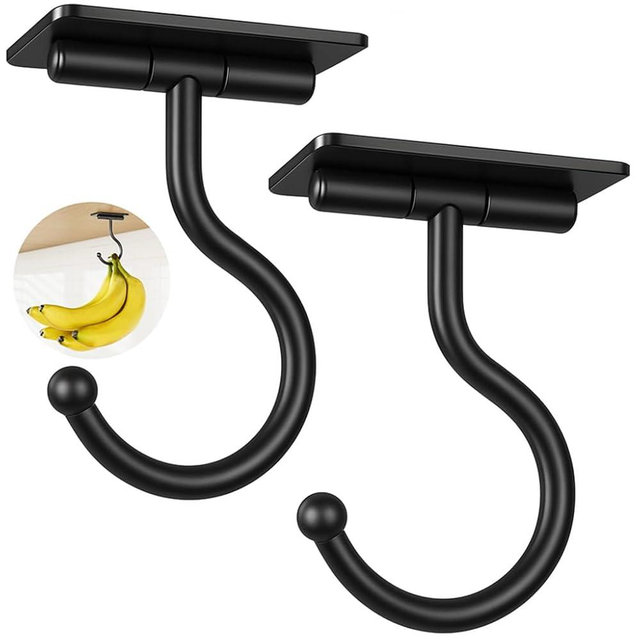 Josmimic Under Cabinet Banana Hook Adhesive - 2 Pack Sticky Banana Hanger Under Counter, Sturdy Metal Banana Holder for Hanging Bananas or Kitchen Utensil, Banana Saver, Keeps Bananas Fresh, Black