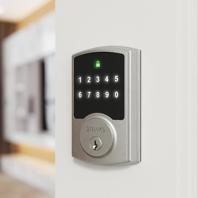 Brinks Keyless Entry Electronic Touchpad Door Lock - Satin Nickel, Backlit Keypad Deadbolt with Advanced Security, Custom User Codes, Auto-Lock, for Front Door, Home or Office