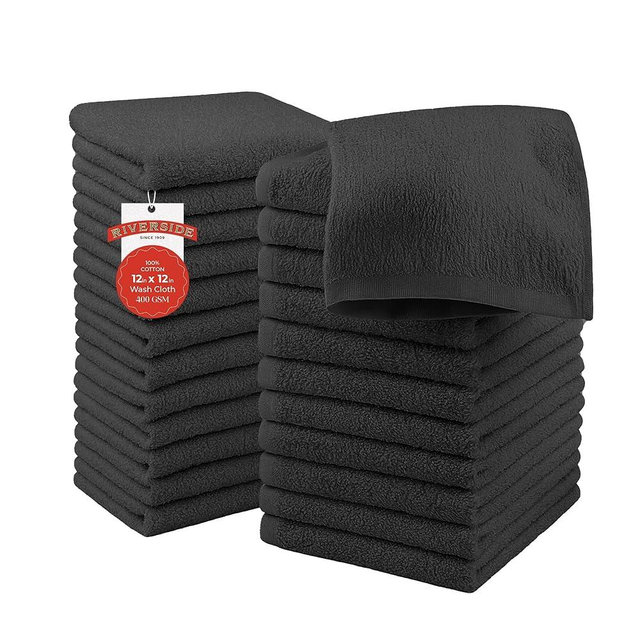 RIVERSIDE 24 Pack Washcloths Set - 100% Cotton [12x12 Inches] - Soft, Quick-Dry & Highly Absorbent Face Towels - Perfect for Bathroom, Gym, Hotel, Spa & Travel - Grey