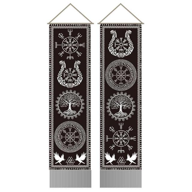 AHANDMAKER 2pcs Viking Symbol Tapestry, Tree of Life Rune Vertical Wall Hanging, Mythology Rune Tassel Wall Tapestry for Bedroom and Living Room (45.7x13 Inch)
